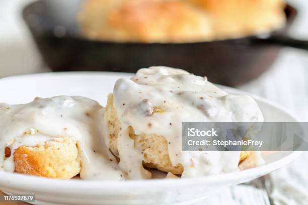 Southern Biscuits And Sausage Gravy Stock Photo - Download Image Now - Biscuit - Quick Bread, Gravy, Sausage