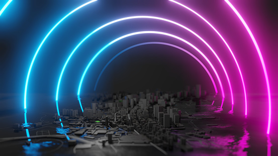 Futuristic night city. Cityscape with bright and glowing neon purple and blue lights. Cyberpunk style 3D illustration