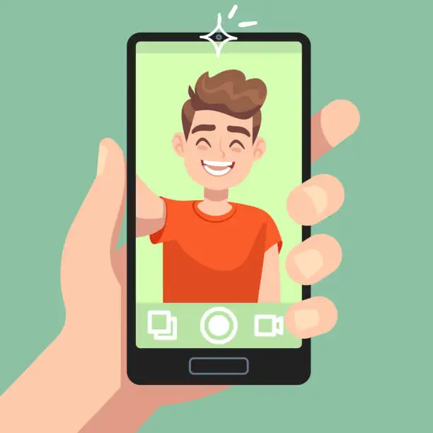Vector illustration of Man taking selfie photo on smartphone. Smiling male character making selfie photo with smartphone camera in hand flat vector concept