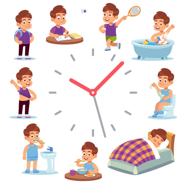 illustrations, cliparts, dessins animés et icônes de horloges de routine quotidiennes. horloges de routine quotidiennes. horaire de la vie heureuse de garçon du petit déjeuner de matin à l'école de manger à la maison aux montres de vecteur d'isolement d'horloge de sommeil avec la flèche - baby vector bathtub child