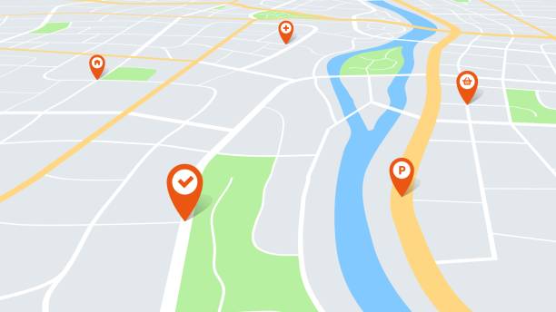 ピン付き市地図。ルート上の赤いナビゲーションポインタと視点で色のカートグラ  フィタウン計画。都市観光ベクトルコンセプト - 主観点のイラスト素材／クリップアート素材／マンガ素材／アイコン素材