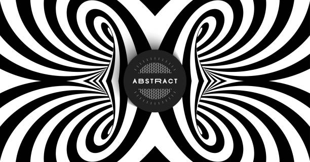 czarno-białe abstrakcyjne tło w paski. wzór z iluzją optyczną. 3d surrealistyczna ilustracja wektorowa. - kaleidoscope fractal psychedelic abstract stock illustrations