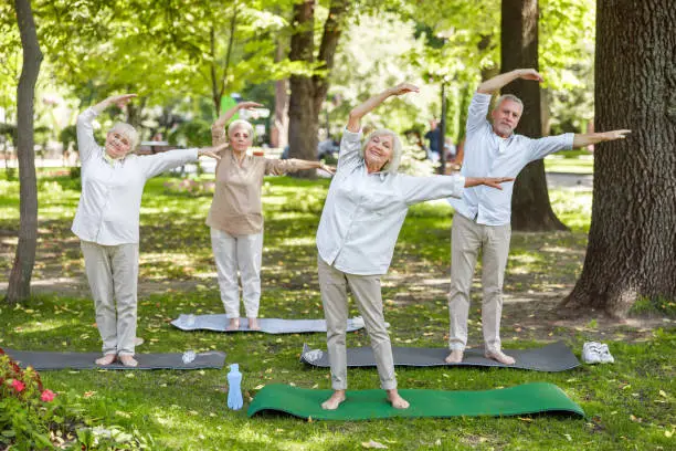 Smiling mature people practicing chi kung outdoors stock photo