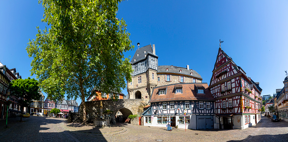 Idstein, Germany - June 27, 2019. Streets of Idstein town in the Taunus area with half timbered houses.