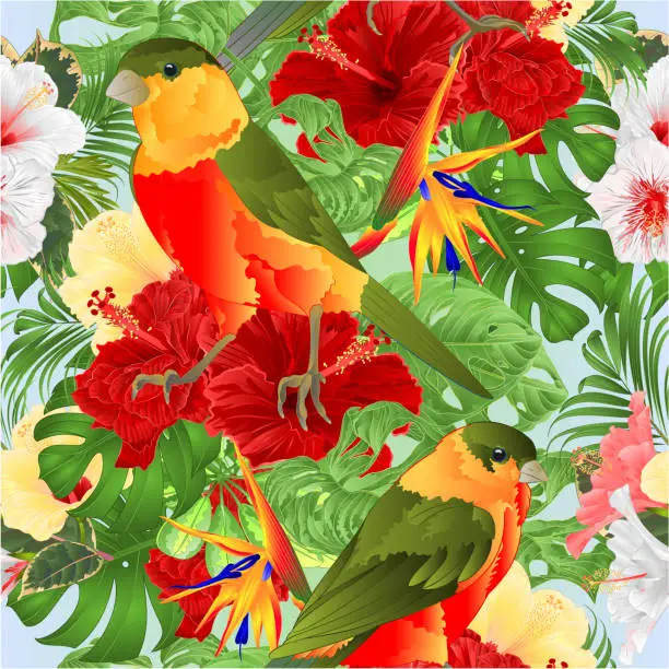 Vector illustration of Seamless texture   tropical birds cute small  funny  and various  hibiscus and Strelitzia reginae monstera palm watercolor style vintage vector illustration hand draw