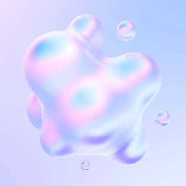 Abstract 3d holographic gradient drops liquid shape. Liquid metal bubbles splash. 3d rendering.