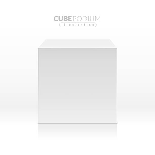 Cube podium. Realistic empty block, white box in front view. Advertising stand for product promo, exhibition pedestal 3d vector mockup Cube podium. Realistic empty block, white box in front view. Advertising stand for product promo, exhibition pedestal 3d vector standing isolated square showing stage mockup box 3d stock illustrations