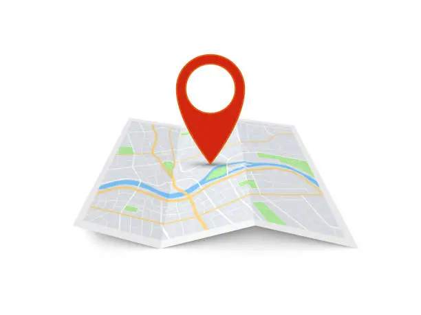 Vector illustration of Map with pin. Red direction pointer on folded city map, gps navigation and travel location vector 3d icon