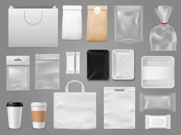 Vector illustration of Mock up for take away. Packaging food containertea and paper bag, disposable cup for branding coffee shop or cafe vector template