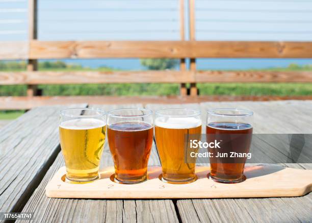 Beer Flight Of Craft Beers At Outdoor Beer Tasting Event In Upstate New York Stock Photo - Download Image Now