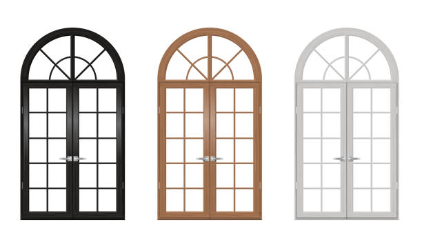 illustrations, cliparts, dessins animés et icônes de ensemble de portes arquées de cru en bois - arched window