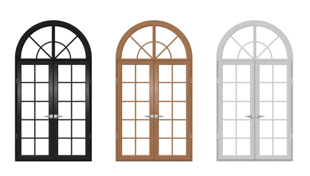 나무 빈티지 아치형 도어 세트 - arched window stock illustrations