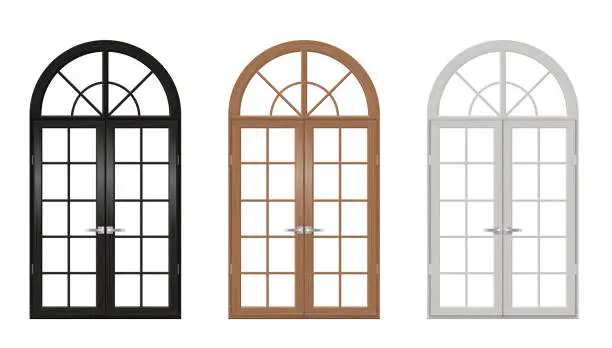 Vector illustration of Wooden vintage arched doors set