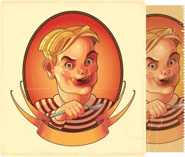 Vector illustration of Eating boy. Retro image