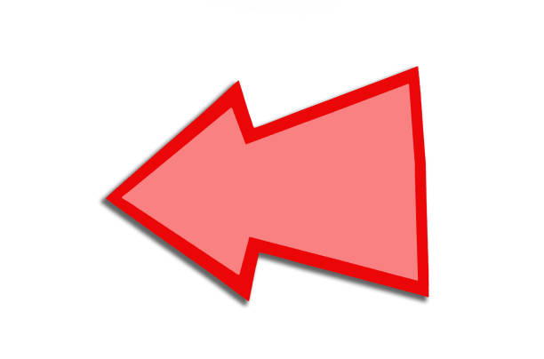 Speech bubble in the form of a red left arrow isolated on a white background. Pink pointer with copy space.