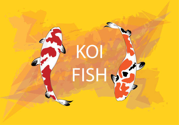 istock Colourful Koi Carp Fishes illustration graphic vector - Koi fish red, black and yellow pattern on yellow background 1176545905