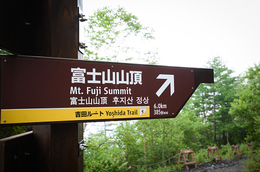 Fujiyoshida - Japan, August 10, 2011: Picture of the sign that indicates the stato of the Yoshida trail to the top of mount Fuji. There are several trails to reach the Mount Fuji Summit, bit this is one of the most popular. The ascension takes about 7 hours and it is not so difficult. During winter the trail is colesed.