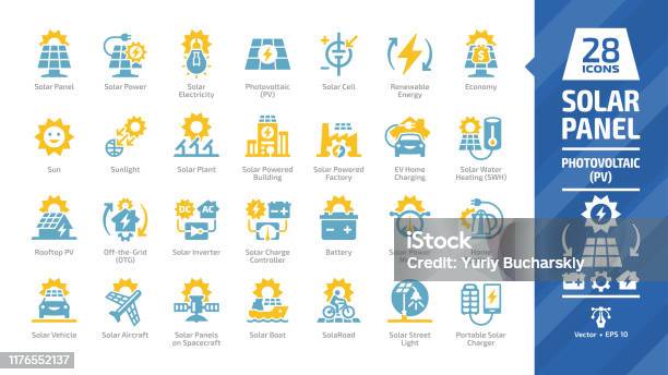 Icona Del Colore Del Pannello Solare Impostata Con Impianto Domestico Fotovoltaico Inverter Controller Di Carica Batteria Misuratore - Immagini vettoriali stock e altre immagini di Pannello solare