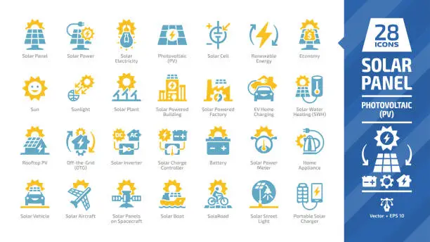 Vector illustration of Solar panel color icon set with sun power photovoltaic (PV) home system and renewable electric energy technology glyph symbols: off the grid (OTG), inverter, charge controller, battery, meter.