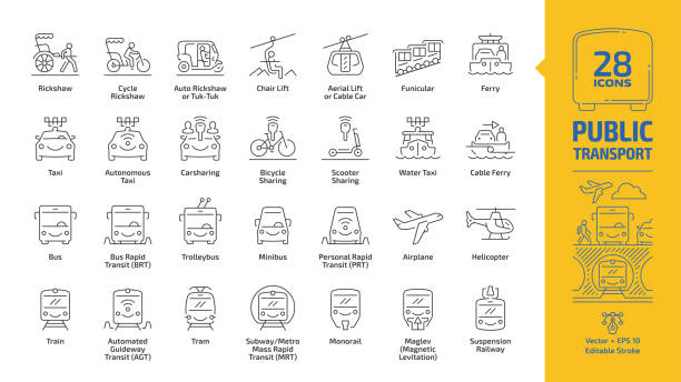 Public transport outline icon set with urban, inter city, international and travel passenger vehicle editable stroke line signs: bus, van, car, train, aircraft, ship, bike, metro, taxi, road & traffic vector art illustration