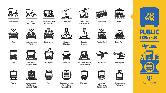 Public transport icon set with urban, inter city & international passenger vehicles glyph symbols: bus, car, train, air plane, ferry boat, bicycle sharing, metro or subway, motor taxi and rickshaw.