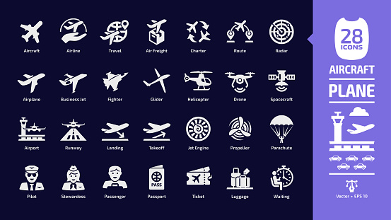 Aircraft icon set in dark mode with flight plane glyph symbols: airplane, airport, runway, landing, takeoff, jet engine, propeller, parachute, pilot, stewardess, passenger, passport & ticket.
