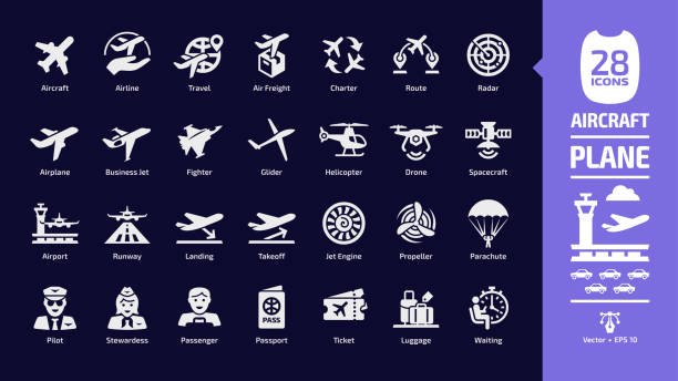 Aircraft icon set in dark mode with flight plane glyph symbols: airplane, airport, runway, landing, takeoff, jet engine, propeller, parachute, pilot, stewardess, passenger, passport & ticket. vector art illustration