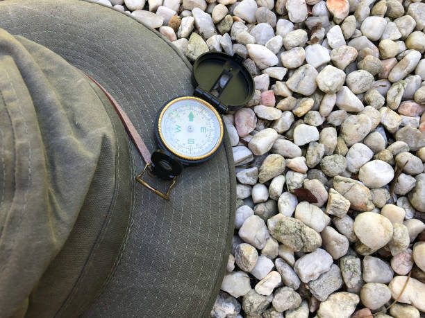 istock Compass on Hat with Round Rocks in Background 1176553026