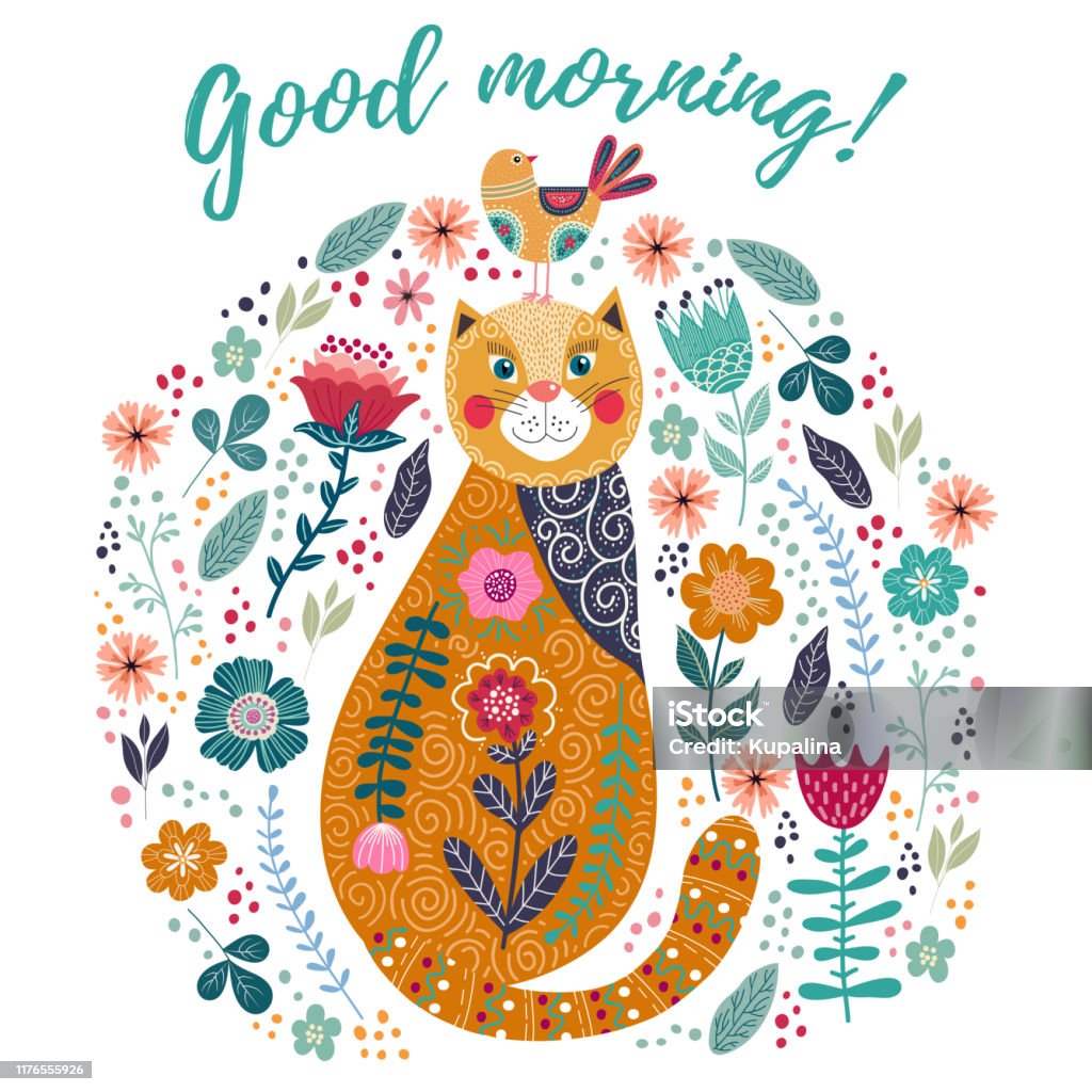 Vetores de Bom Dia Ilustração Colorida Do Vetor Da Arte Com Gato O Pássaro E As Flores Bonitos Em Um Fundo Branco e mais imagens de Flor - iStock Vetores de Bom Dia Ilustração Colorida Do Vetor Da Arte Com Gato O Pássaro E As Flores Bonitos Em Um Fundo Branco e mais imagens de Flor - iStock
