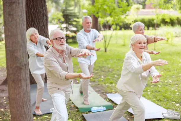 Group of old people practicing chi kung in the park stock photo