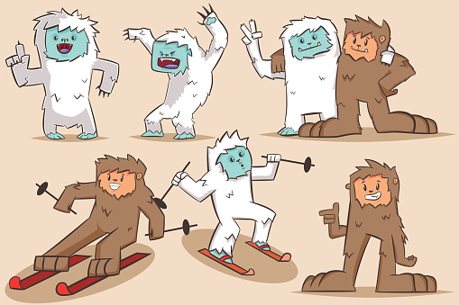 Yeti, bigfoot, sasquatch and monster vector cartoon character set.