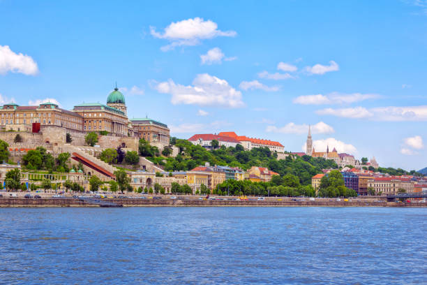 vista del río danubio y el castillo de buda en budapest, hungría - street royal palace of buda budapest hungary fotografías e imágenes de stock