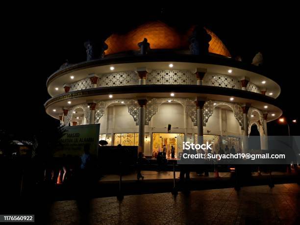 Night Atmosphere From Outside The Rahmatan Lil Alamin Mosque Stock Photo - Download Image Now