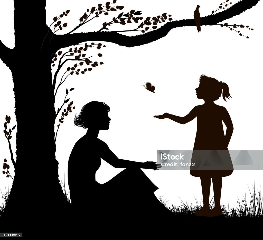 Mother And Daughter Silhouette Young Woman Is Sitting Under The Tree And  Girl Is Trying To Catch Butterfly Family Scenein Hot Summer Day Summer  Memories Black And White Vector Stock Illustration -