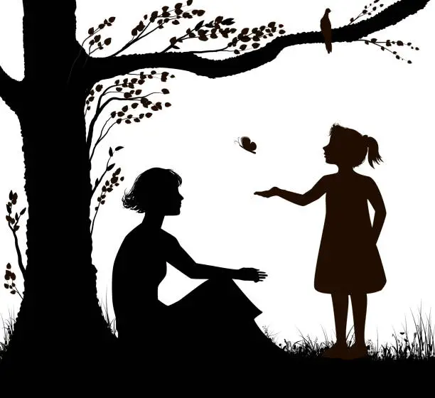 Vector illustration of mother and daughter silhouette, young woman is sitting under the tree and girl is trying to catch butterfly, family scenein hot summer day,   summer memories, black and white, vector