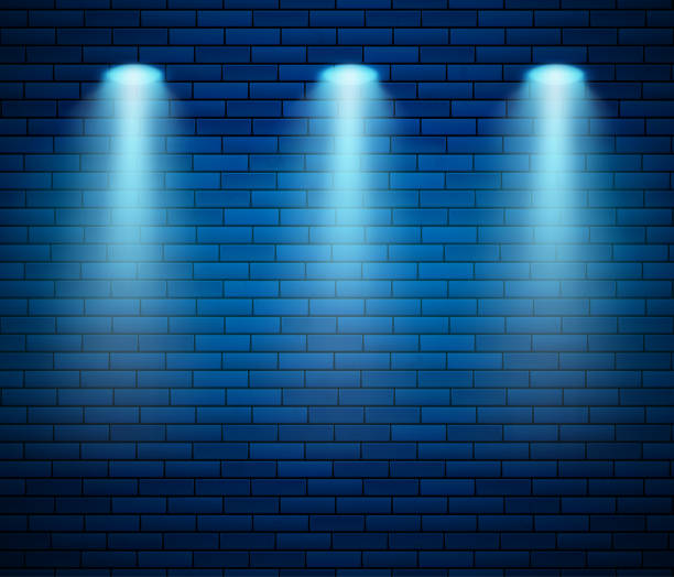 ilustrações de stock, clip art, desenhos animados e ícones de spotlight against brick wall in blue color. empty studio decorated brick wall and spot of light. vector illustration - limelight