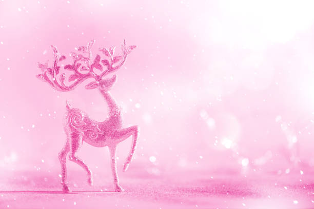 istock Silver glitter Christmas deer on neon pink background with lights bokeh, copy space. Greeting card for new year party. Festive holiday concept. Banner 1176562080