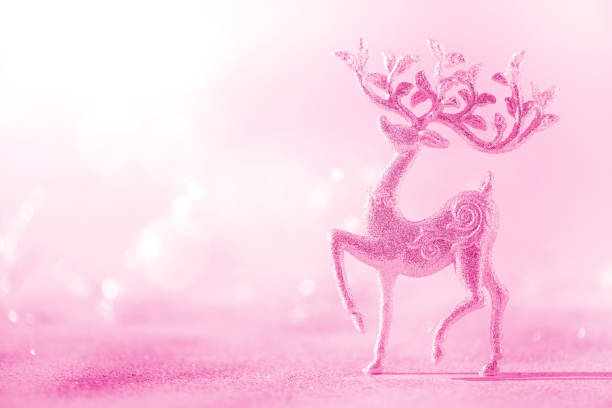 istock Silver glitter Christmas deer on neon pink background with lights bokeh, copy space. Greeting card for new year party. Festive holiday concept. Banner 1176562086