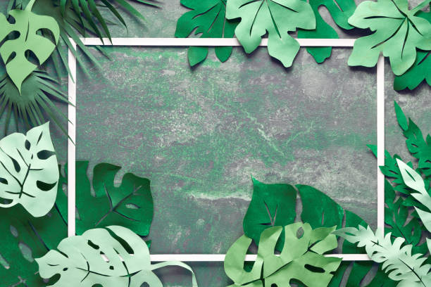 istock Paper craft background, frame with exotic tropical leaves with text space on dark 1176563603