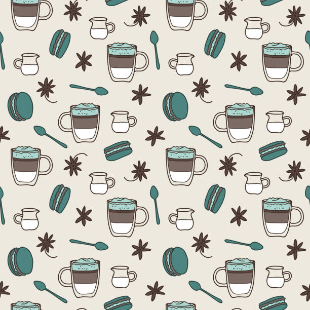 Vector seamless coffee pattern in beige Vector seamless coffee pattern in beige. Simple coffee cups and milk made into repeat. Great for background, wallpaper, wrapping paper, packaging, fashion, restaurant, cafe. food sample cups stock illustrations
