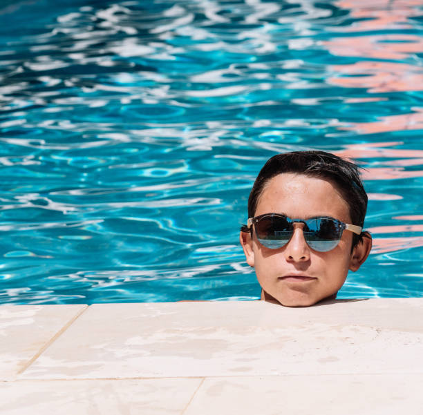istock Pre-teens pose with sunglasses by the edge of the pool 1176567447
