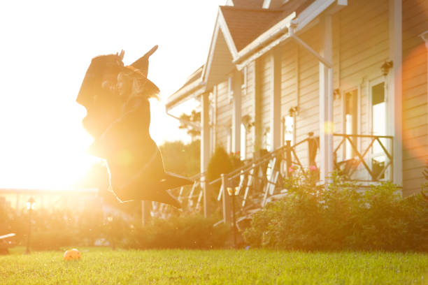 Little Witch Flying on Broom in Sunlight