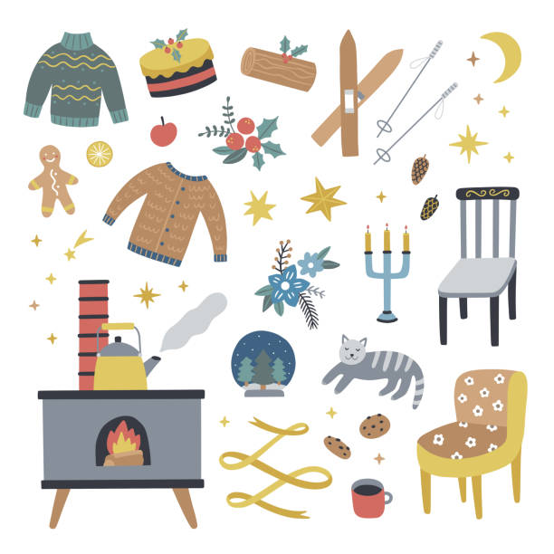 hygge winterelemente auf weißem hintergrund. süße vektor-illustrationen für weihnachten und neujahr. heimdekorationen, kleidung und gegenstände - back seat illustrations stock-grafiken, -clipart, -cartoons und -symbole