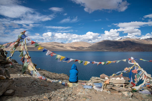 die touristenlichen frauen genießen mit schönem landschaftsblick auf den see in leh ladakh, indien - indian peaks stock-fotos und bilder
