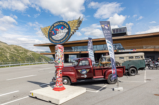 Hochgurgl, Austria - August 5, 2019: famous Hochgurgl Motorcycle museum at Fernpass Street high alpine Road in Austria, Oetztal Alps, South Tyrol.