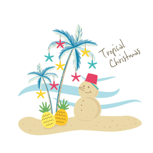 bildbanksillustrationer, clip art samt tecknat material och ikoner med vektor illustration av tropisk jul med palmer och sand snögubbe - japansk paradis ö