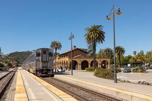 SANTA BARBARA, USA - MAR 16, 2019: the pacific surfliner train enters the station at Santa Barbara. The surfliner serves the Route San Diego to San Luis Obispo.