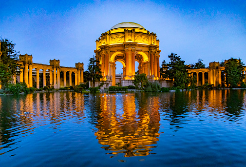 SAN FRANCISCO, USA - MAY 1, 2019: The Palace of Fine Arts in the Marina district by night, San Francisco, USA.