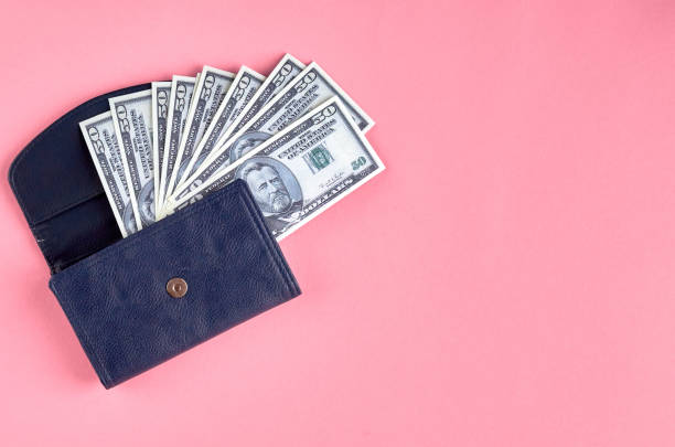 istock Dark blue leather wallet with money on pink background composition. 1176578893