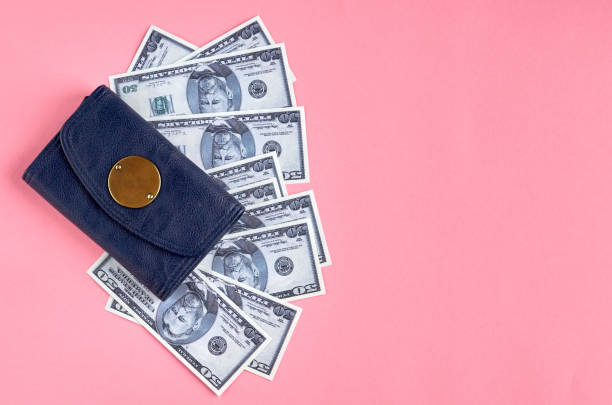 istock Dark blue leather wallet with money on pink background composition. 1176578965